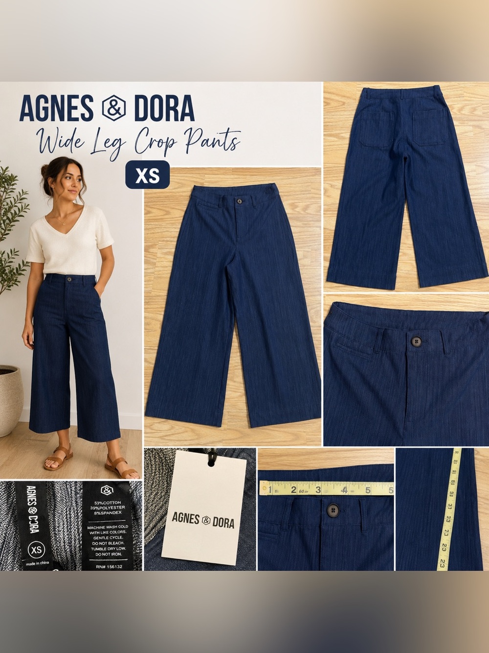 Agnes & Dora Wide Leg Crop Pants XS Navy Blue Stretch Pull-On Career Casual